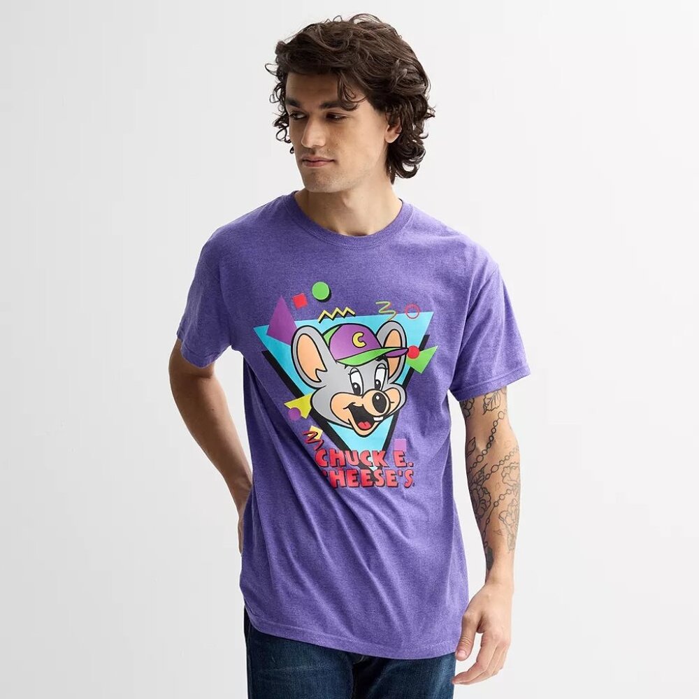 Chuck E. Cheese Mens Chuck E. Cheese's Party Pizza Purple Shirt New S-2XL
